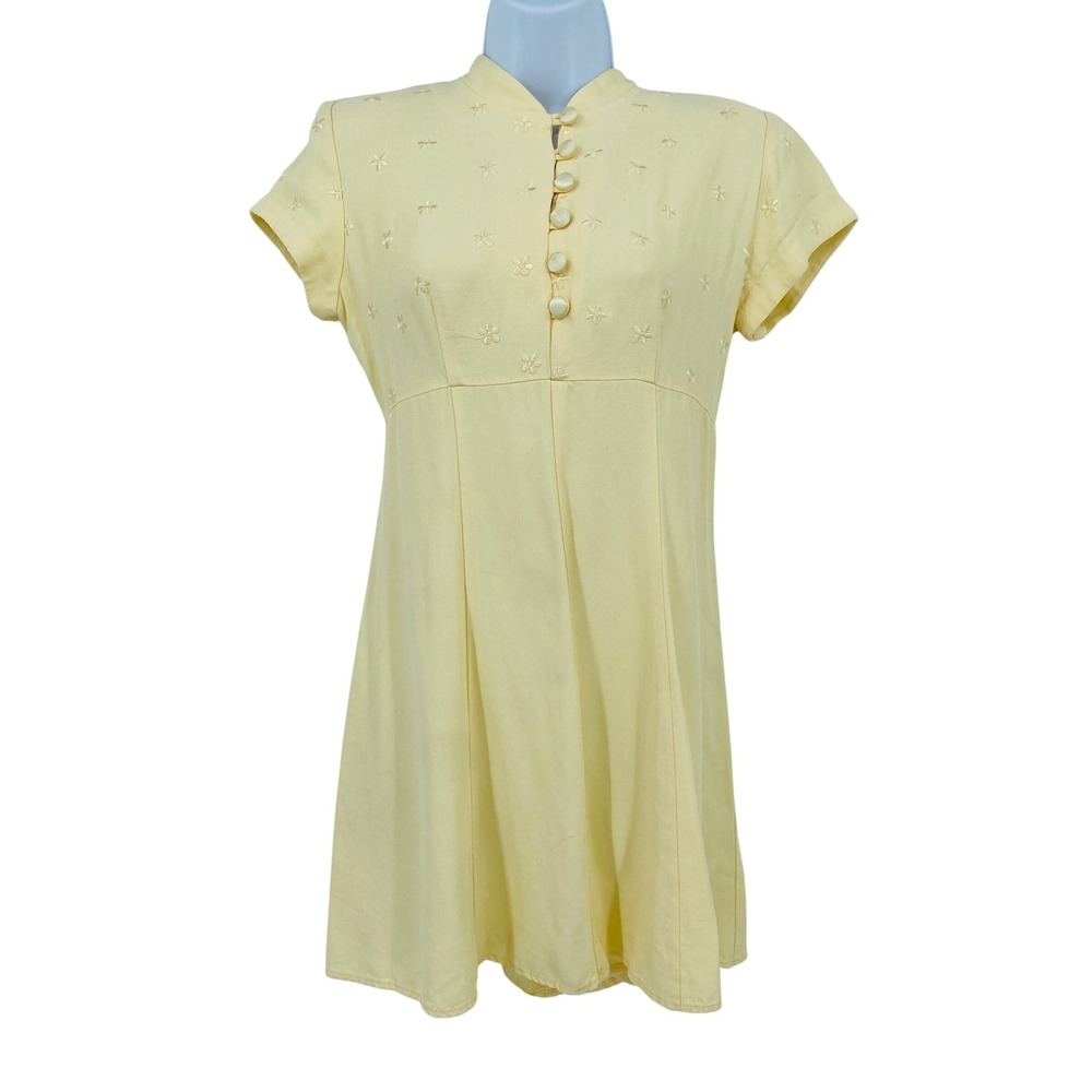 Vintage Fashions Mini Dress Womens 5-6 Yellow Embroidered Floral Short Sleeve